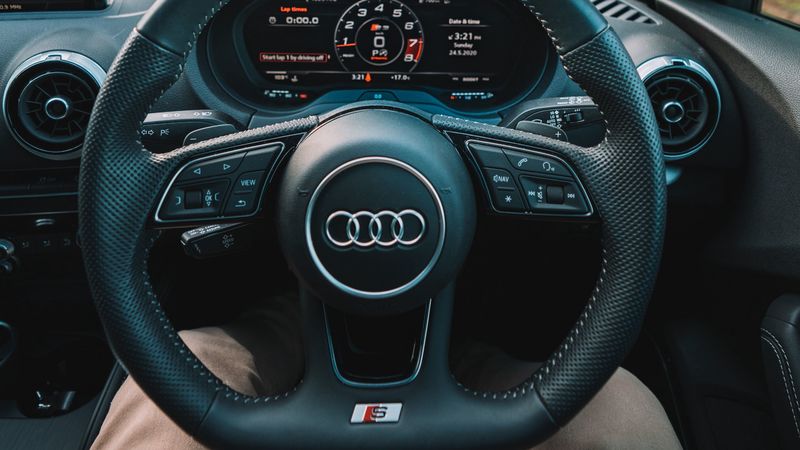 audi, interior, steering wheel, speedometer, legs, 4k