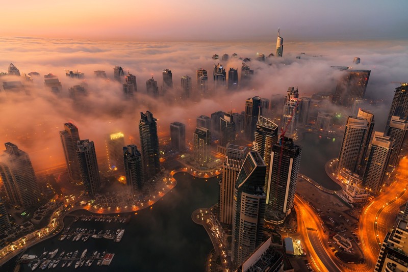 dubai, world, lights, night, beautiful places, clouds, sky, hd, skycrapper, fog, evening, city