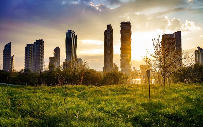 building, grass, sunrise, cityscape, photography, hd, 4k