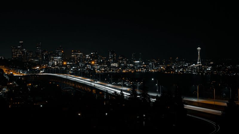 city, night, buildings, bridge, architecture, dark, 4k