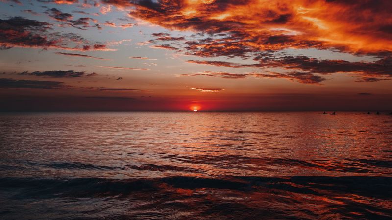 sunset, sea, horizon, dusk, landscape, 4k