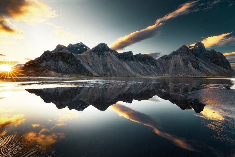 mountains, clouds, sky, lake, reflection, sun, nature, hd