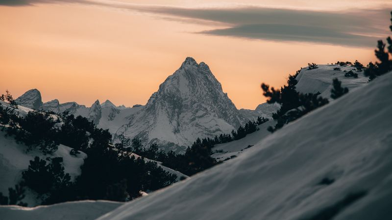 mountains, snow, winter, dusk, landscape, 4k