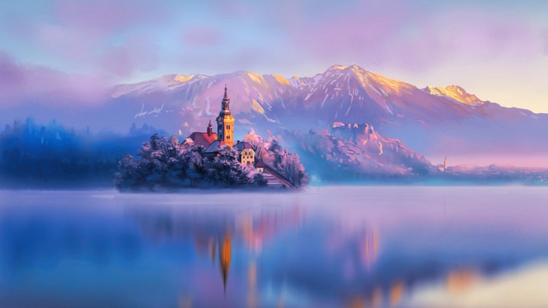 digital art, artist, hd, mountains, lake