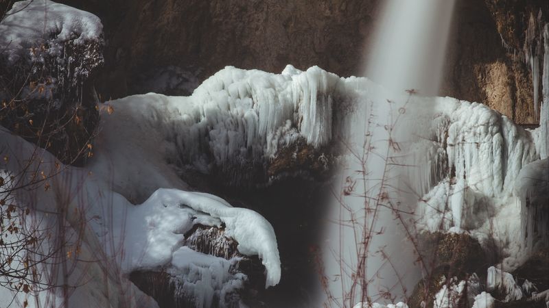 waterfall, ice, rocks, frost, winter, 4k