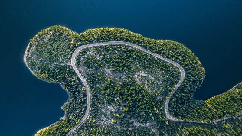 island, road, aerial view, water, land, 4k