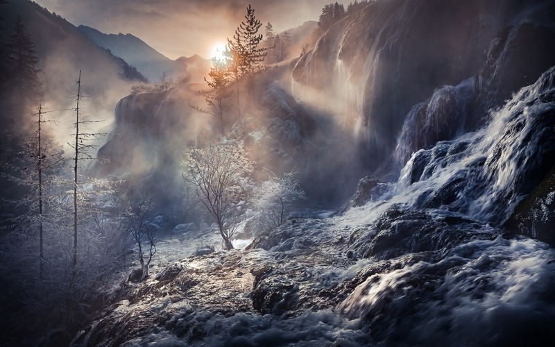 sunbeam, nature, waterfall, fog, hd