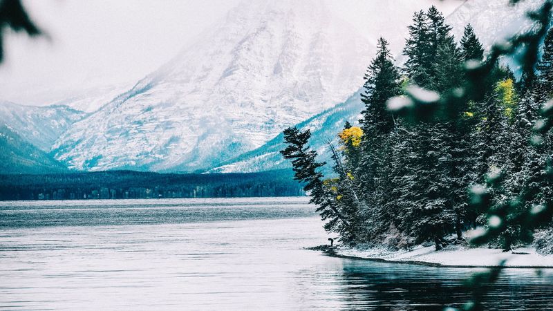river, mountain, snow, shore, landscape, 4k