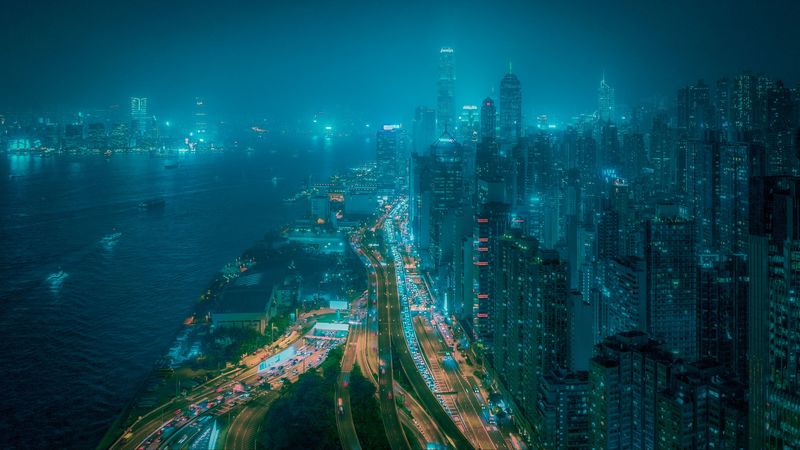 night city, fog, aerial view, buildings, road, metropolis, 4k