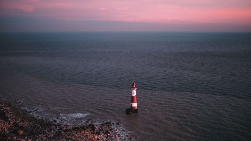 lighthouse, sea, aerial view, coast, water, 4k