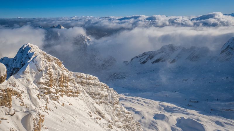 mountains, peaks, snow, clouds, landscape, 4k