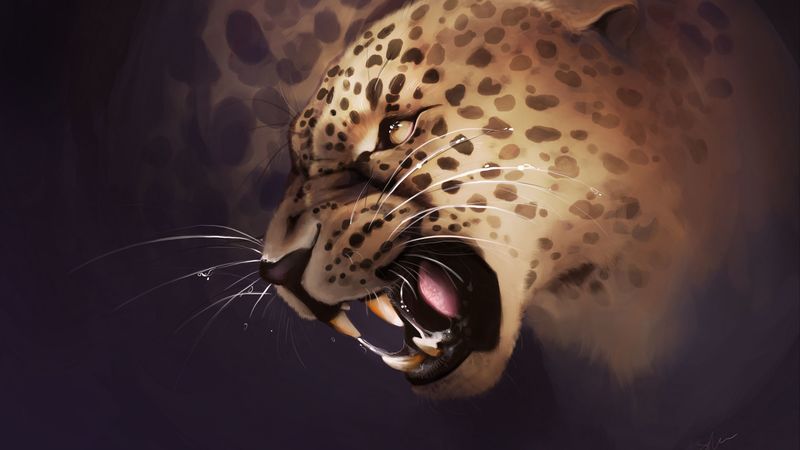 leopard, grin, aggression, predator, art, 4k