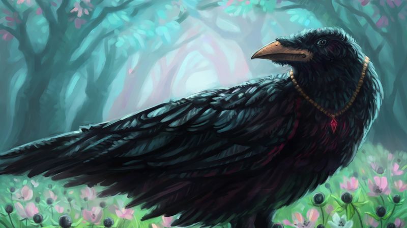 crow, bird, pendant, flowers, art, 4k