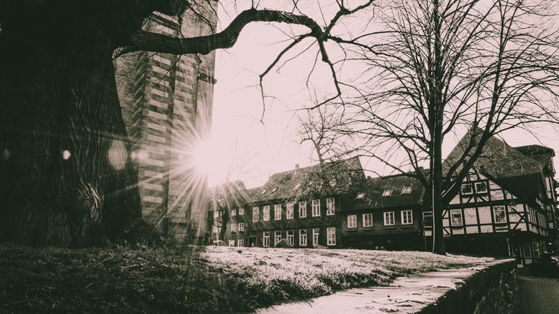 buildings, sun, light, city, bw, 4k