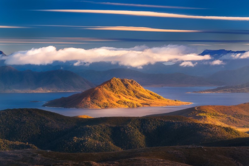 clouds, island, lake, nature, landscape, hd