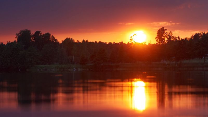 sunset, lake, sun, dusk, landscape, 4k