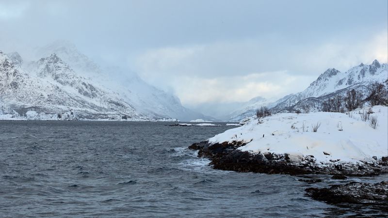 shore, mountains, snow, water, landscape, 4k