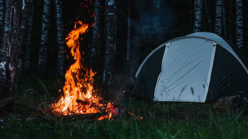 tent, camping, tourism, campfire, flame, 4k