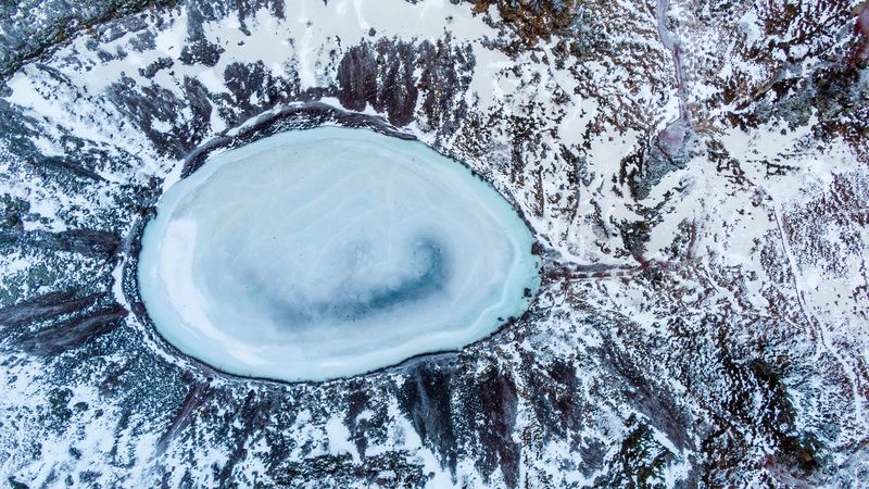 lake, ice, aerial view, winter, landscape, 4k
