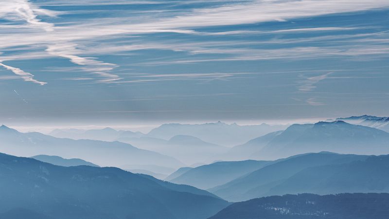 mountains, fog, haze, clouds, landscape, 4k