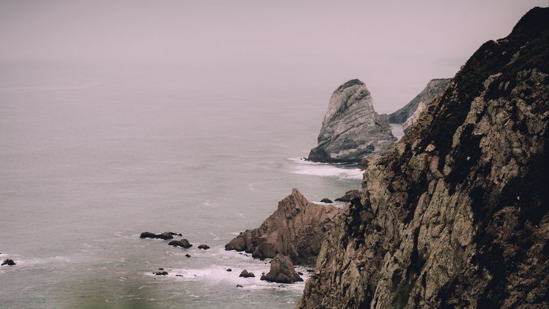 rocks, sea, coast, landscape, 4k