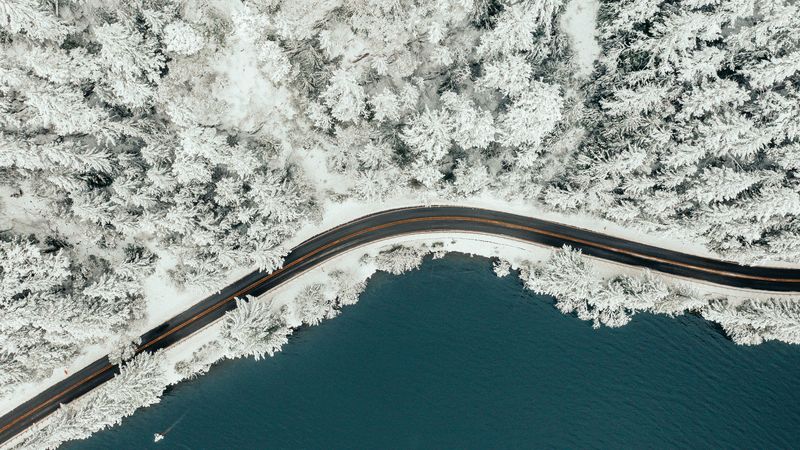 road, forest, lake, winter, aerial view, 4k