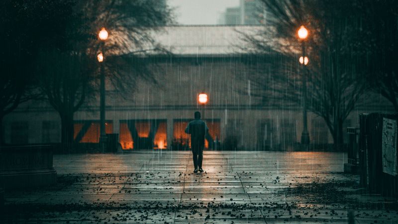 man, rain, loneliness, sad, walk, street, city, 4k