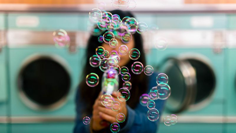 bubbles, colorful, iridescent, girl, silhouette, 4k