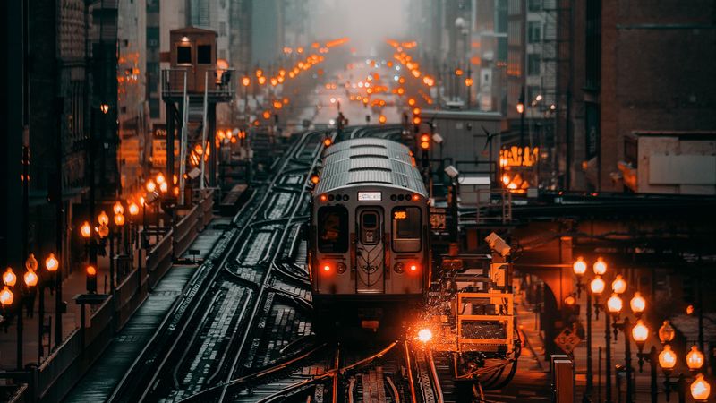 train, railroad, rails, city, fog, 4k
