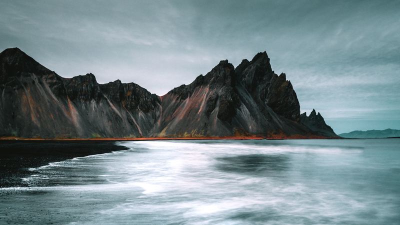 coast, beach, mountains, cliffs, sea, 4k