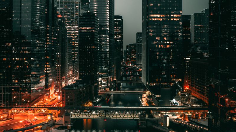 city, metropolis, aerial view, buildings, river, 4k