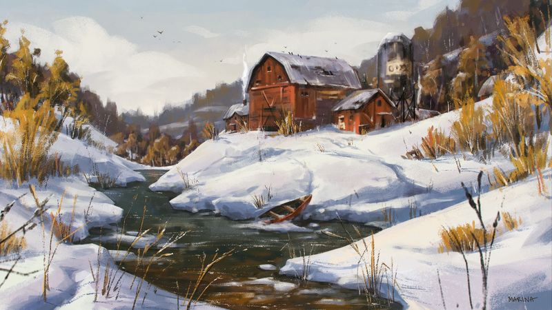 river, house, boat, winter, art, 4k