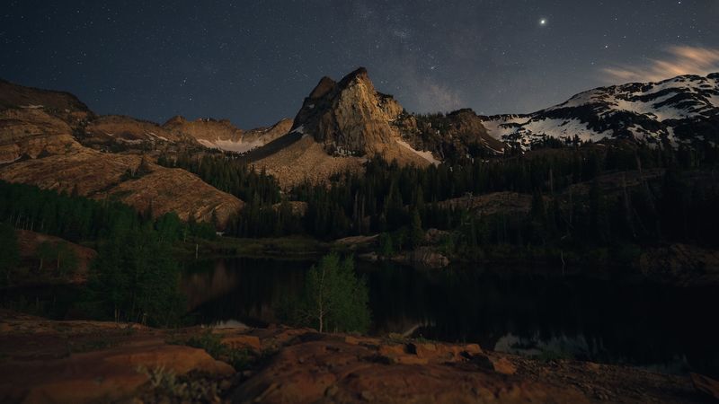 mountains, lake, night, landscape, dark, 4k