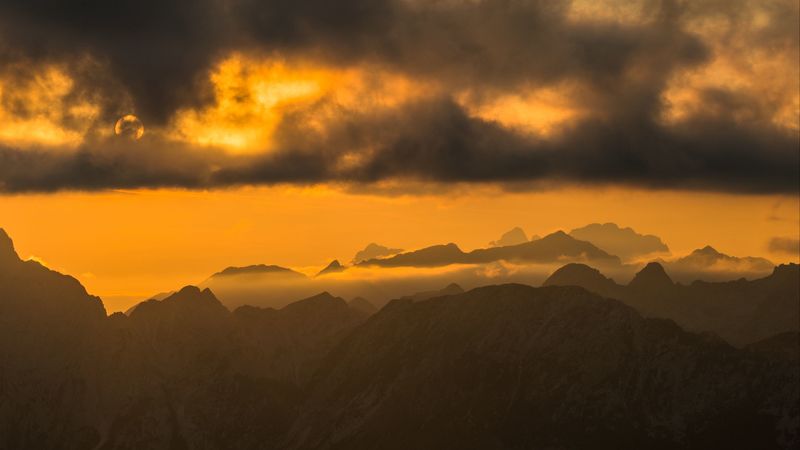 mountains, peaks, clouds, sunset, 4k