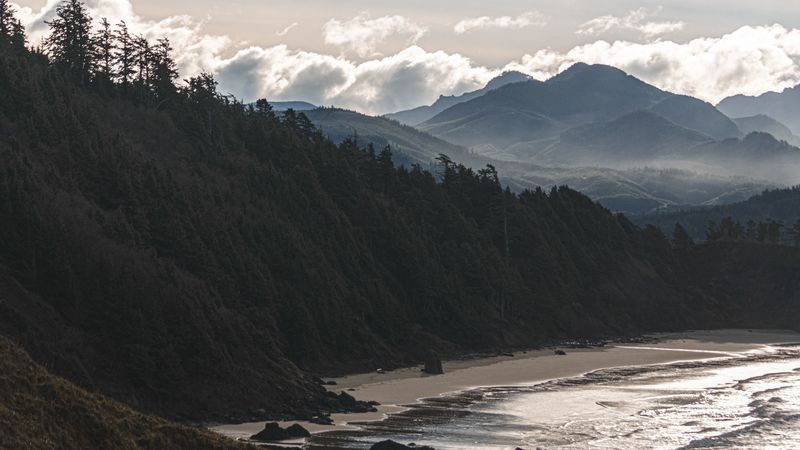 beach, mountains, forest, coast, landscape, 4k