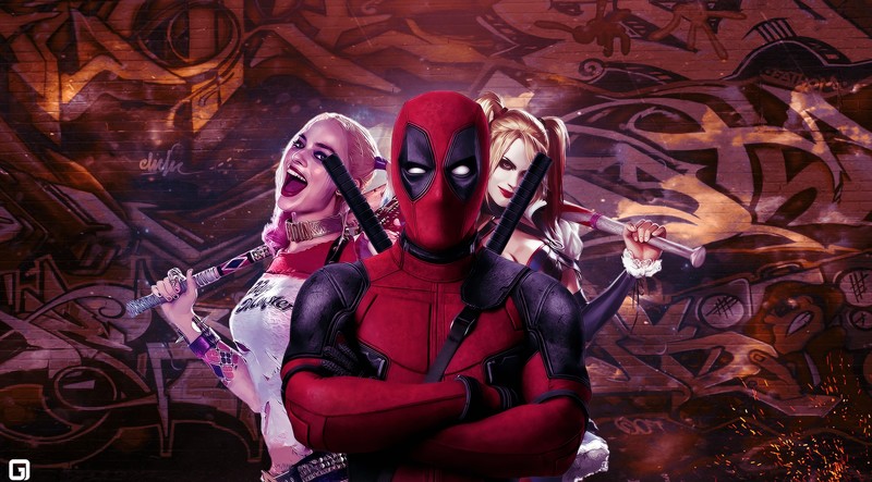 deadpool, harley quinn, artist, digital art, 4k, hd