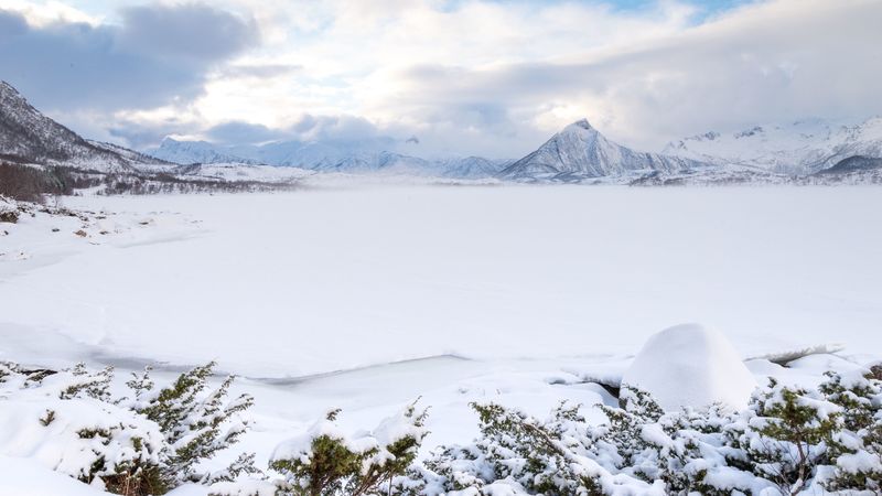 mountains, snow, winter, valley, landscape, 4k