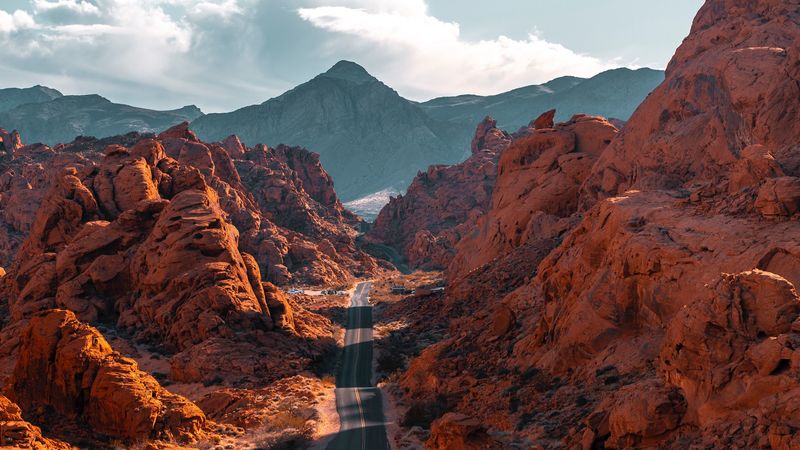 mountains, road, aerial view, valley, rocks, 4k
