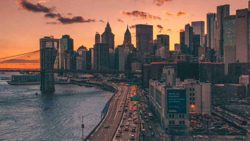city, aerial view, road, buildings, coast, 4k