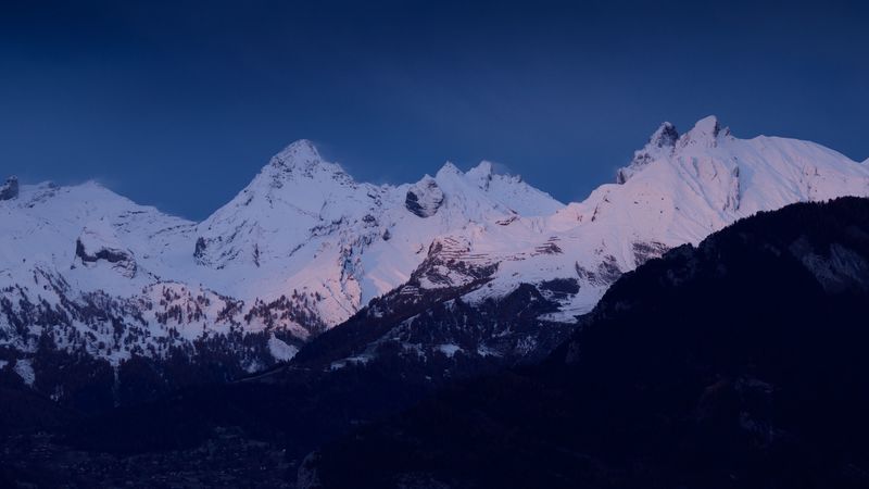 mountains, snow, landscape, dusk, mountain range, 4k