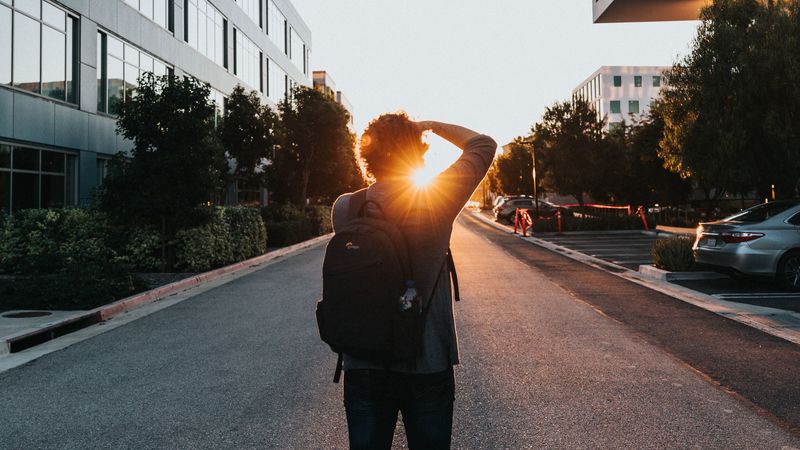 man, sun, sunlight, street, city, 4k