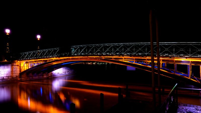 bridge, river, dark, night, backlight, 4k