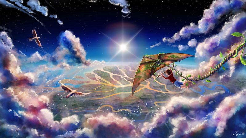 boy, kite, clouds, flight, art, 4k