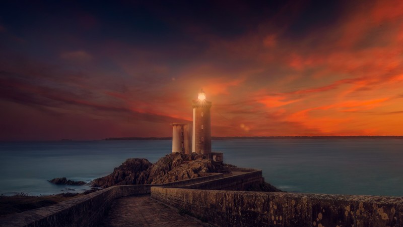 lighthouse, nature, sunset, 5k