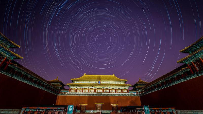 pagoda, building, starry sky, long exposure, circles, 4k