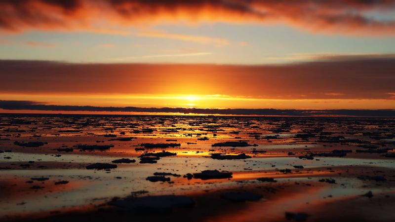 water, ice, ice floes, sunset, horizon, 4k