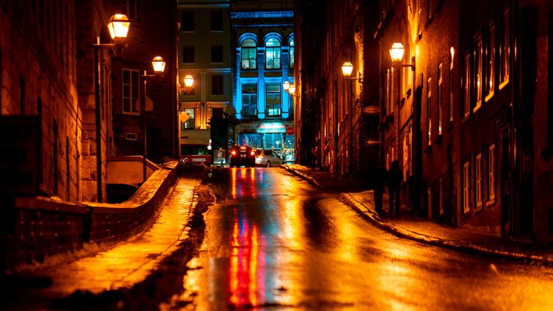 street, asphalt, wet, dark, night city, lights, 4k