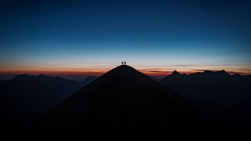 silhouette, hill, distance, sunset, 4k