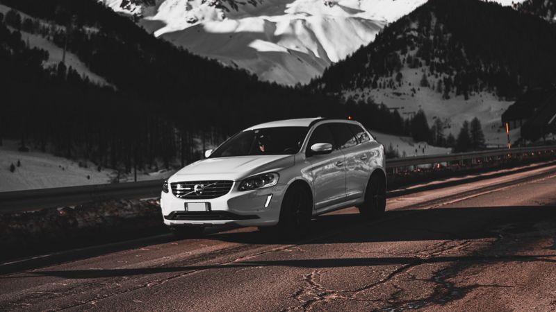 car, white, road, mountains, snow, 4k