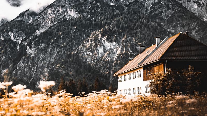 house, mountain, peak, clouds, nature, 4k